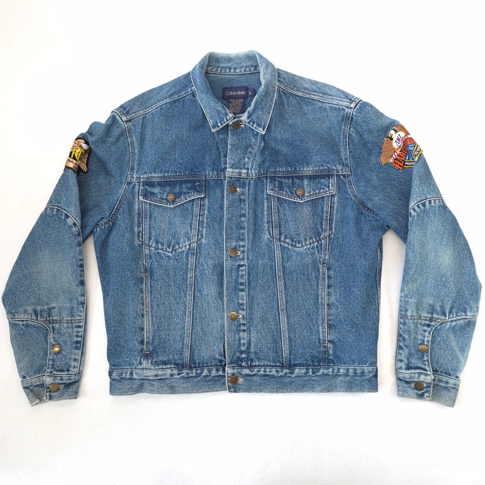 Calvin Klein Denim Jacket Blue L Harley Davidson Biker‎ Trucker Vintage Patched